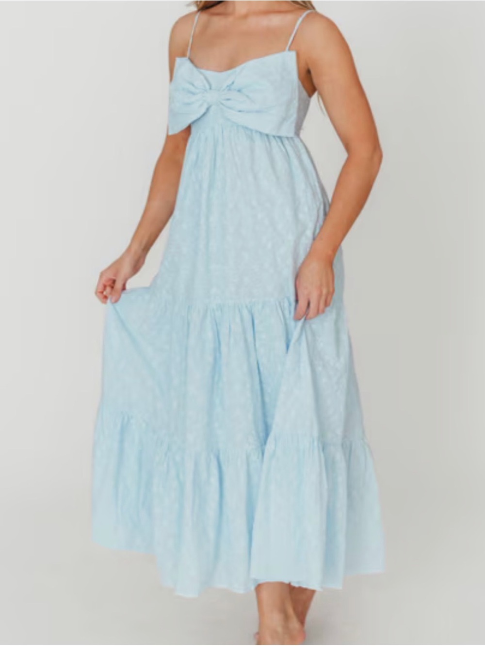Worth Collective Light Blue Tiered Maxi Dress with Bow Front